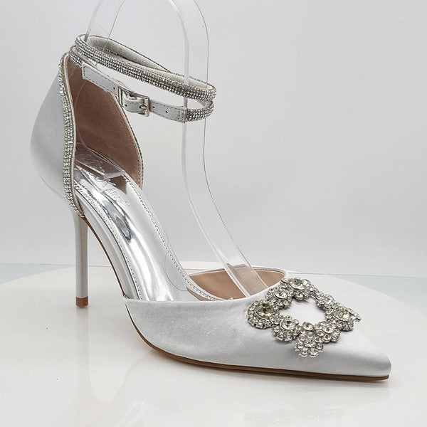 Silver Rhinestone Satin Stiletto