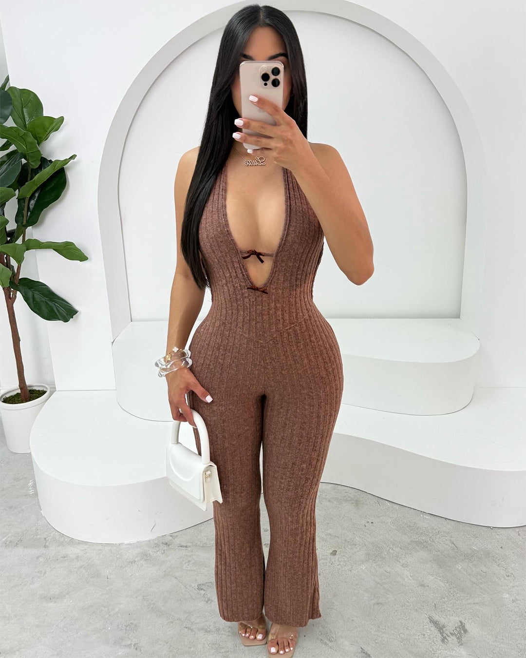 Kiki Open Back Jumpsuit (Espresso)