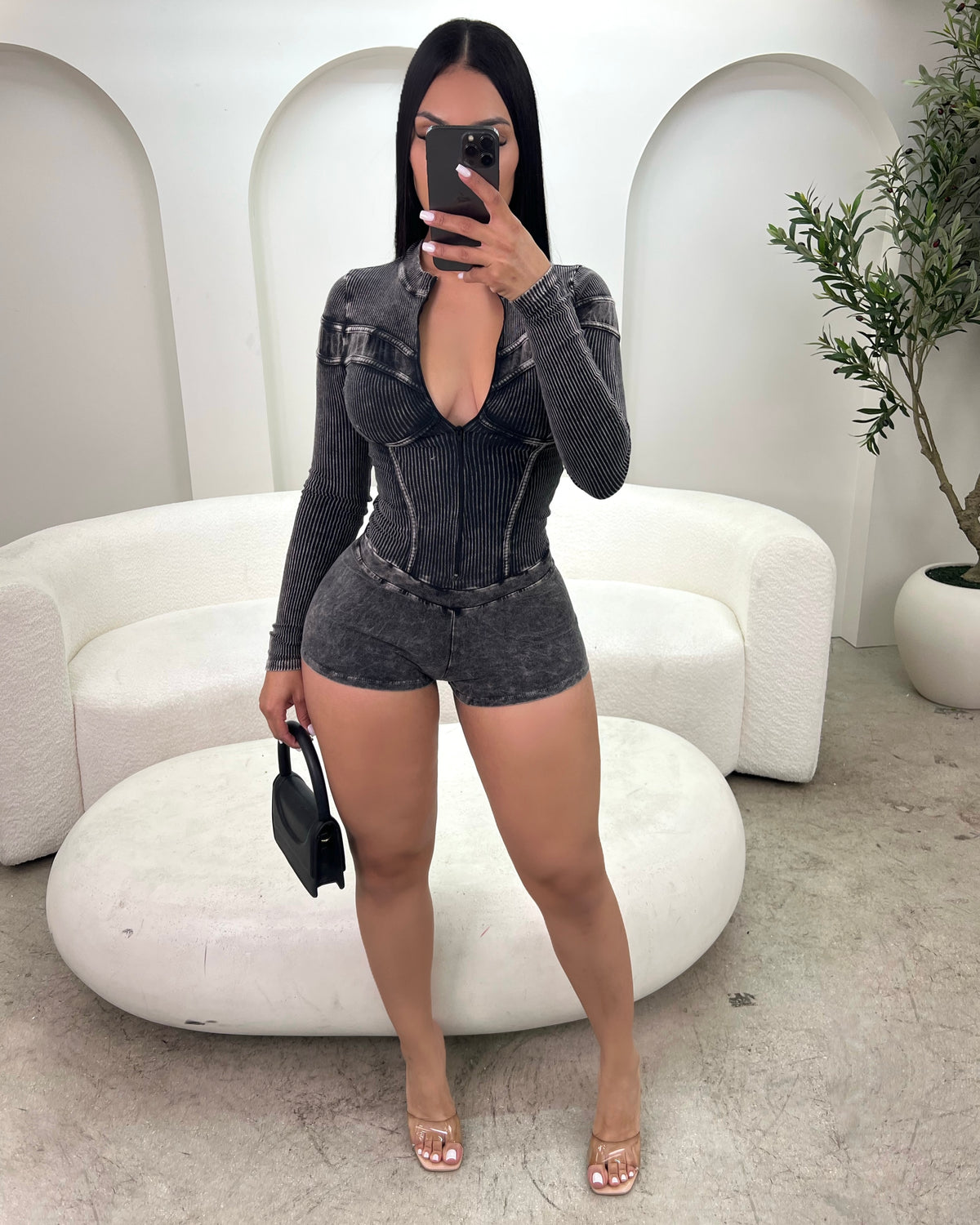 Chloe Sexy Ribbed Zip Romper(Gray)