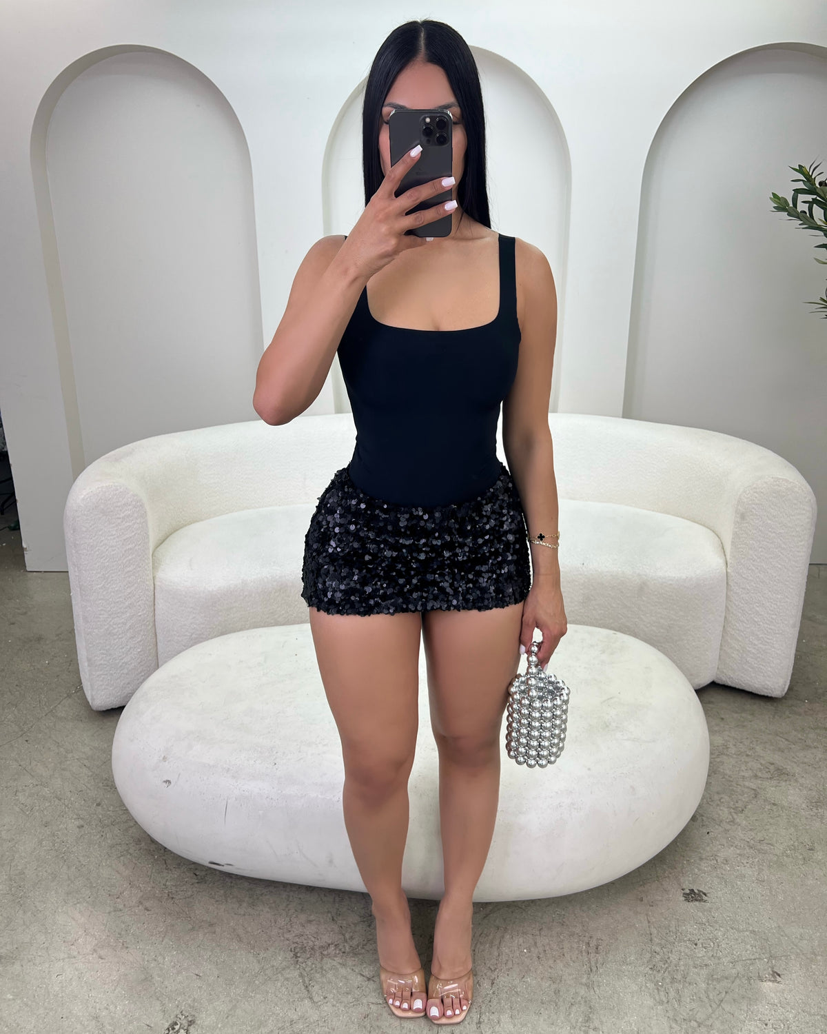 Ball Drop Sequin Mini Skirt (Beige)