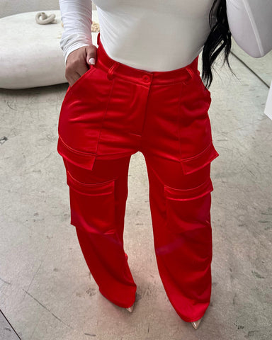 Red Stretchy Satin Cargo Pants