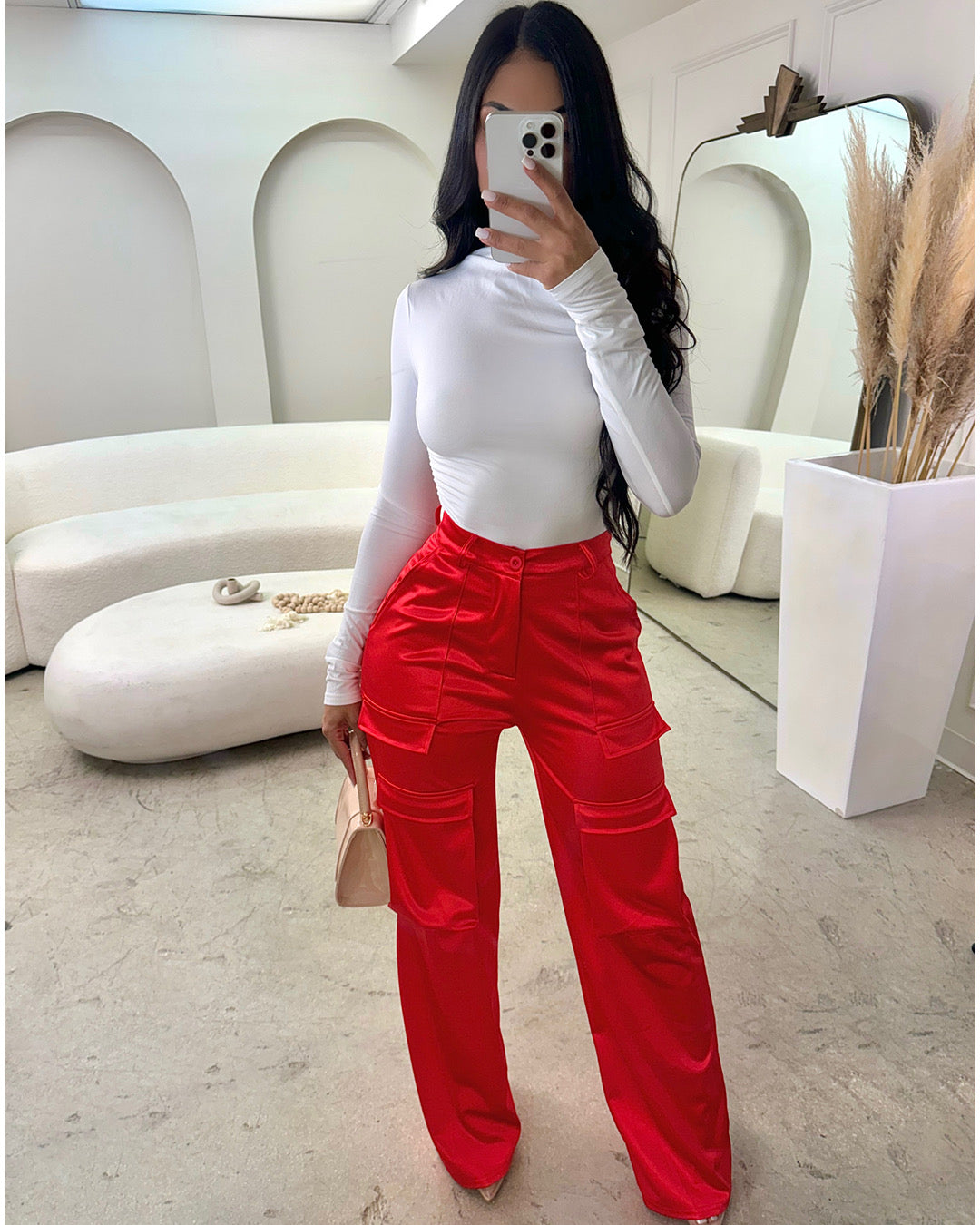 Red Stretchy Satin Cargo Pants
