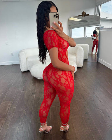 Make Him Mad Lace Jumpsuit (Red)